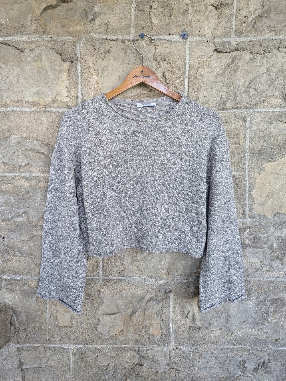 Zara Cropped Bell Sleeve Knit Sweater In Speckled Heather Gray Women's Small